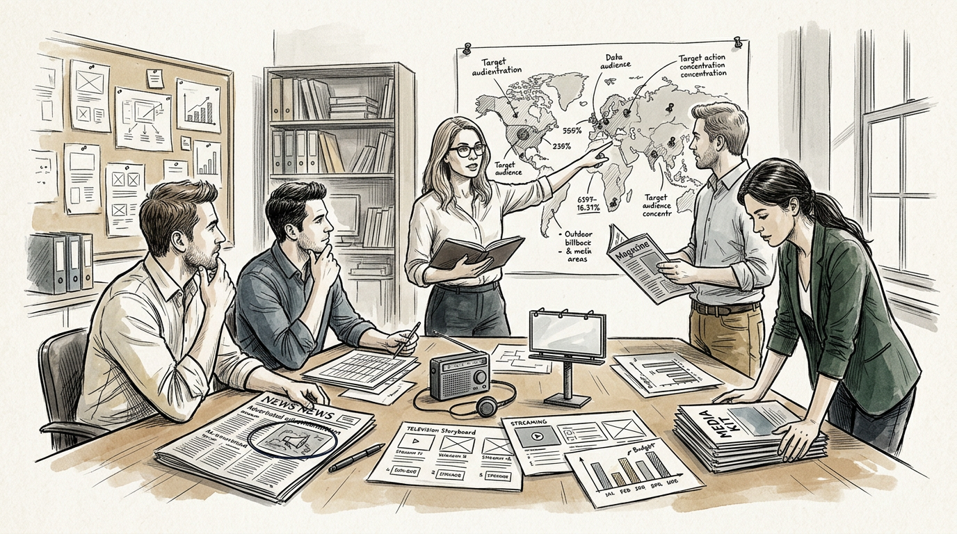 Media strategy team comparing campaign channels