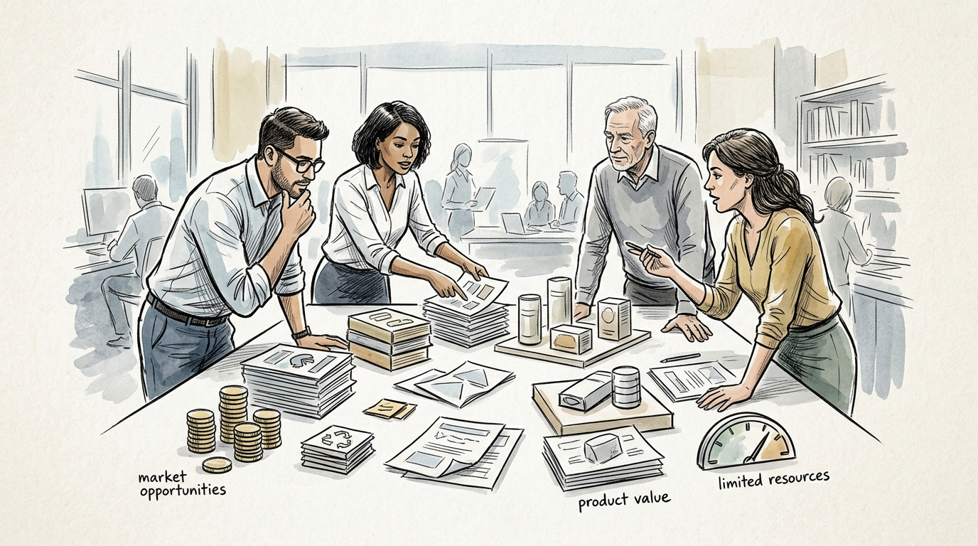 Business team evaluates market opportunities, product value, and limited resources
