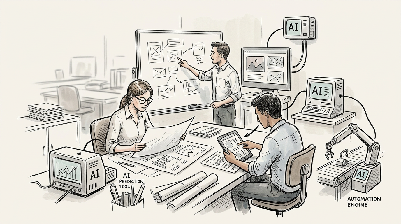 Marketing team studying distinct AI tools