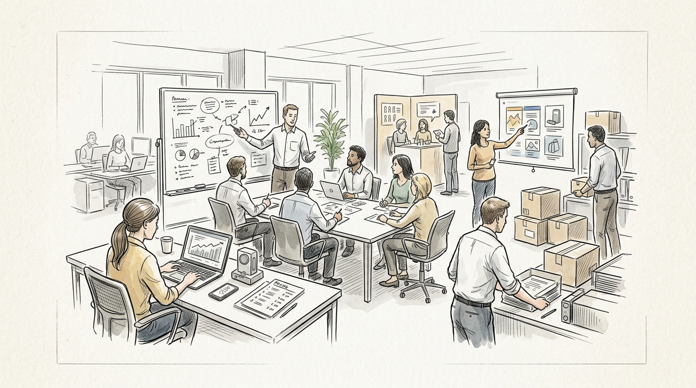 Office team collaborating around tables, presentations, laptops, charts, and shipping boxes