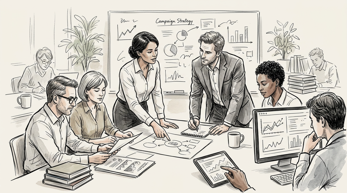 Team collaborating on a campaign strategy using charts and analytics