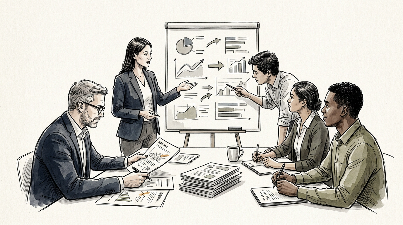 Professionals discussing advertising and marketing research