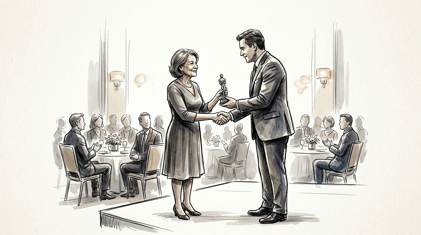 Woman receiving a trophy from a man during a formal award ceremony