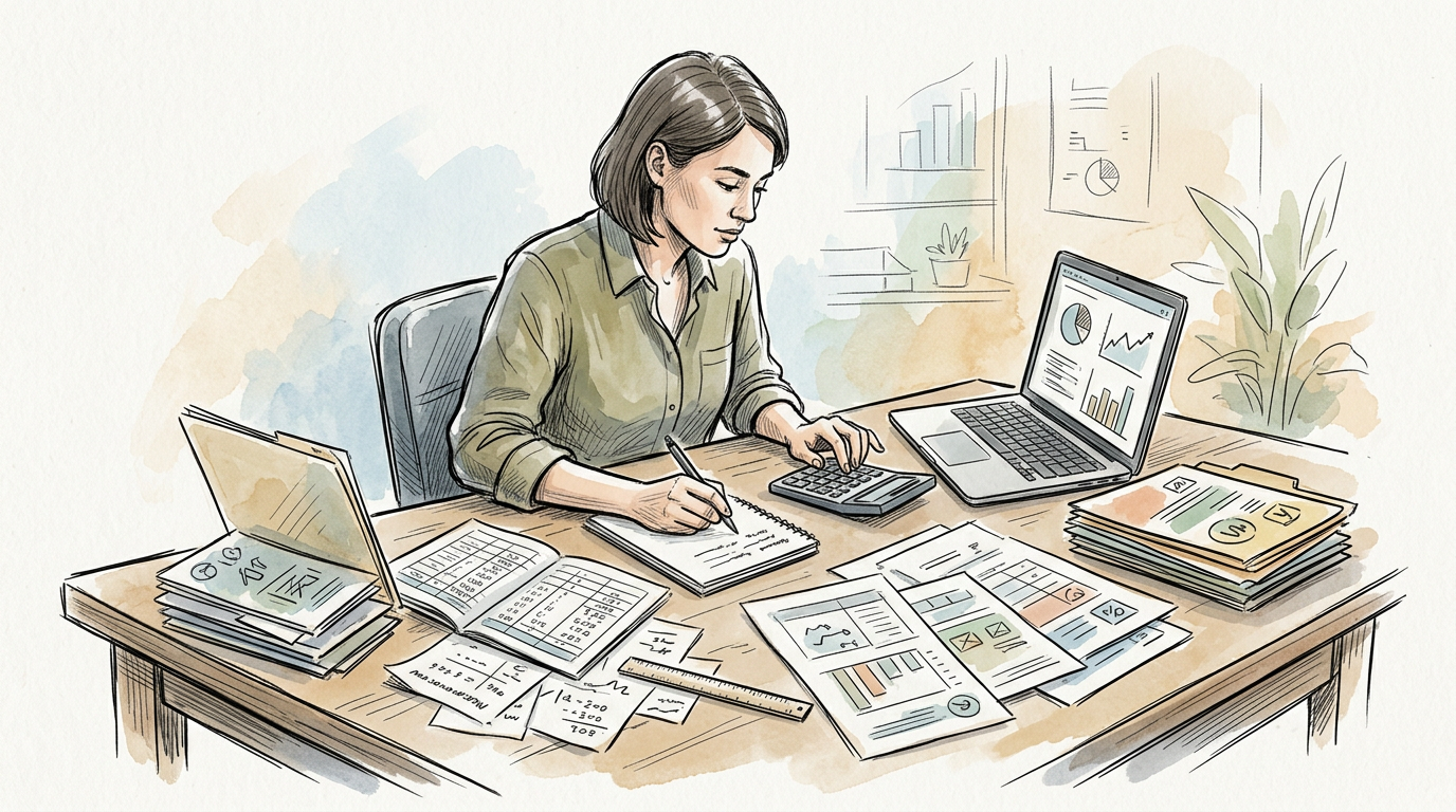 Woman reviewing financial documents beside a laptop, calculator, and charts