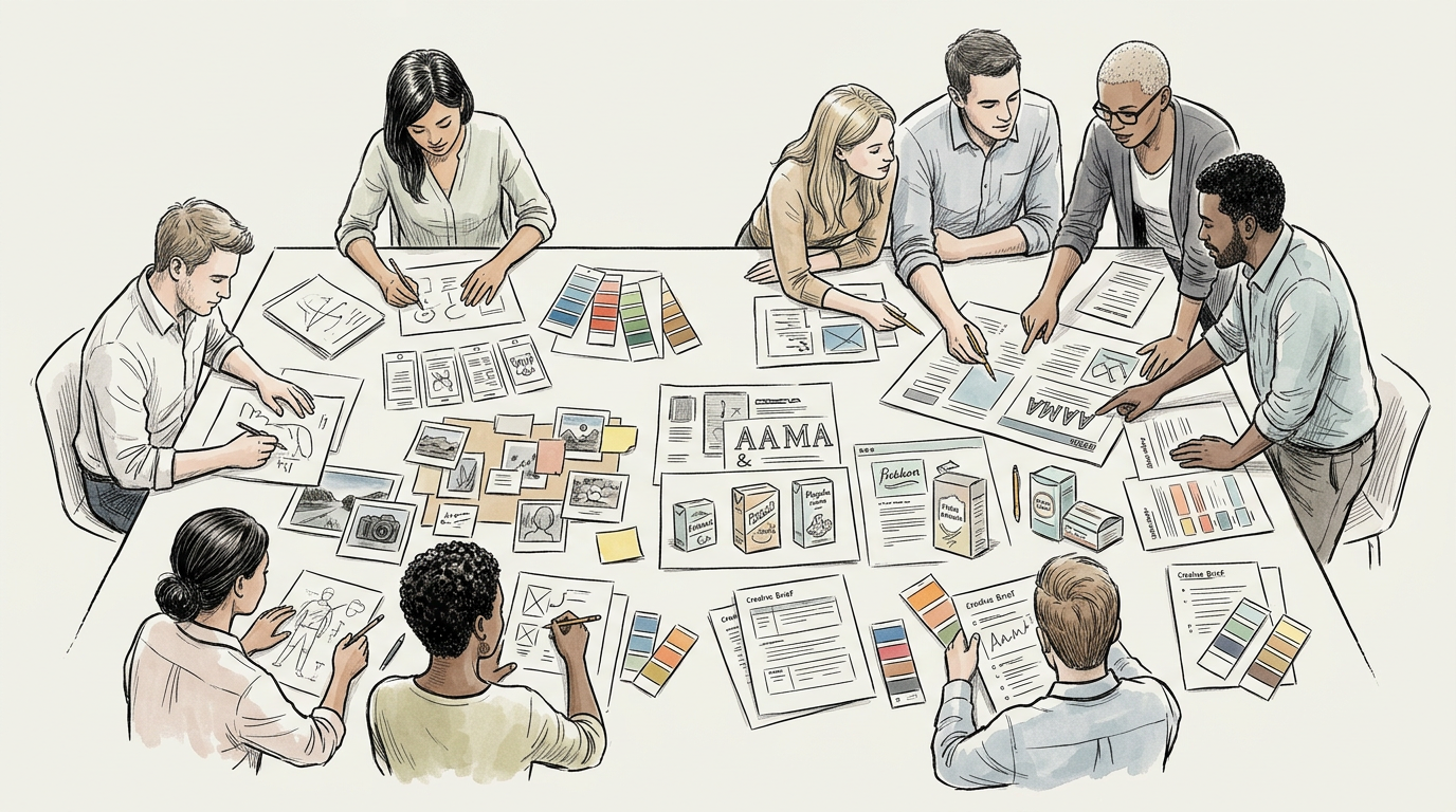 Diverse creative team collaborating on branding sketches, color palettes, and packaging designs