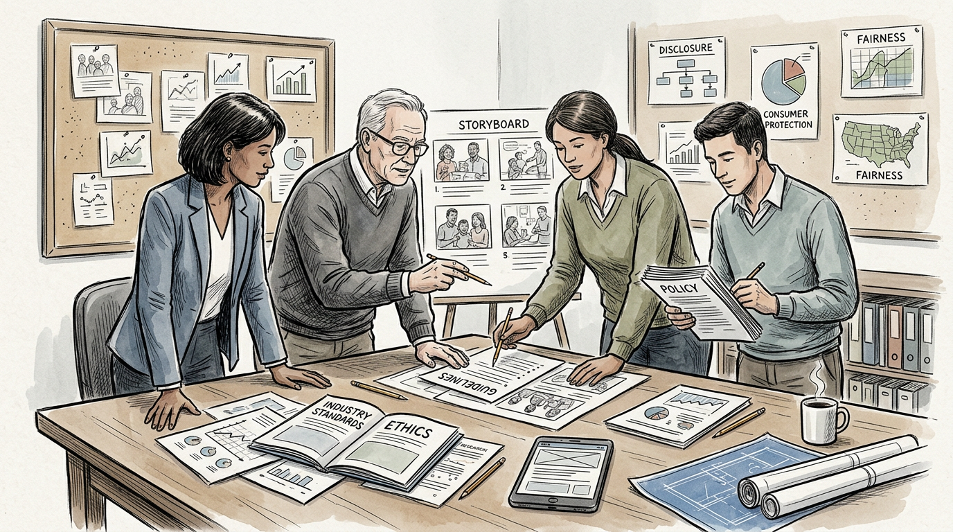 Four colleagues reviewing ethics policies, storyboards, and fairness charts around a table