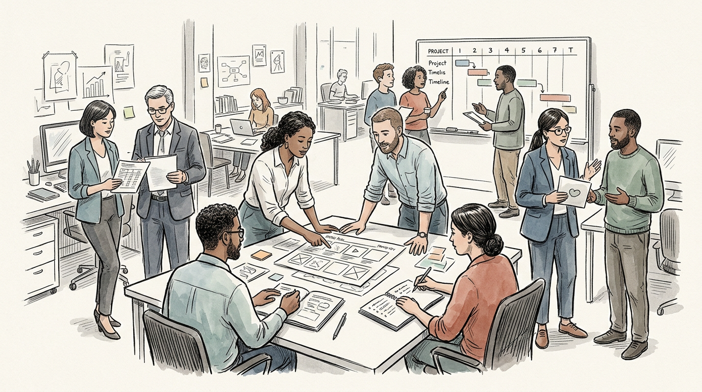 Diverse team collaborating around documents beneath a project timeline board