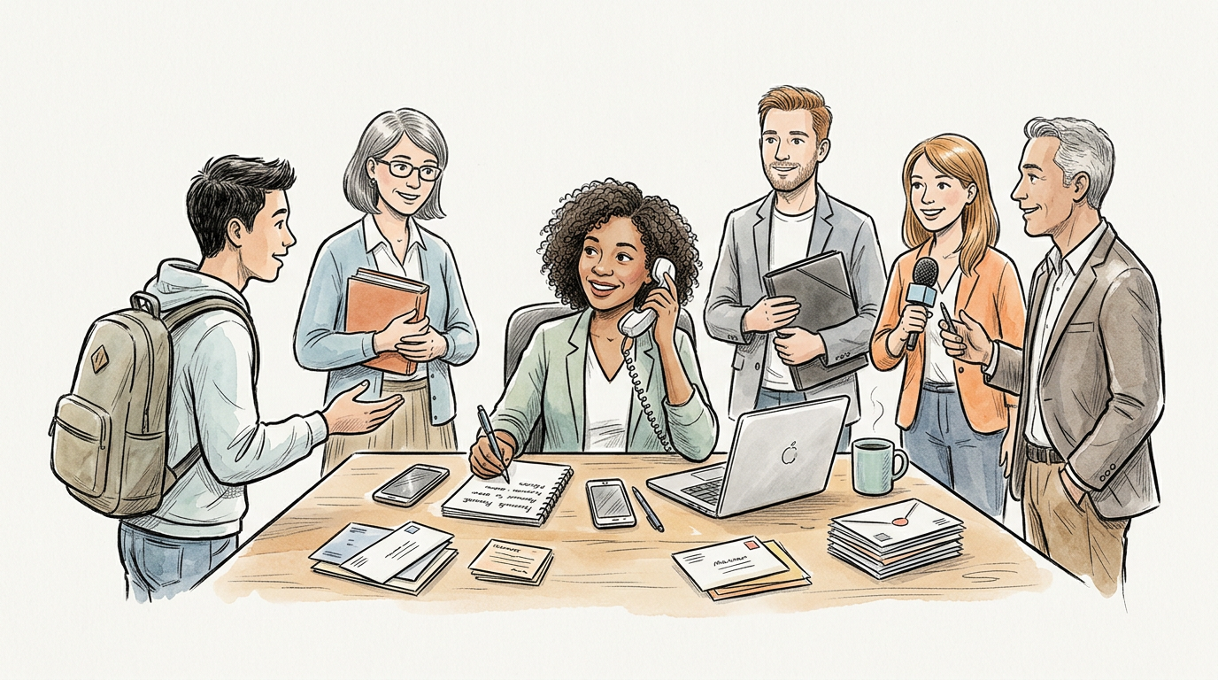 Diverse team collaborating around a table with laptops, notes, and documents