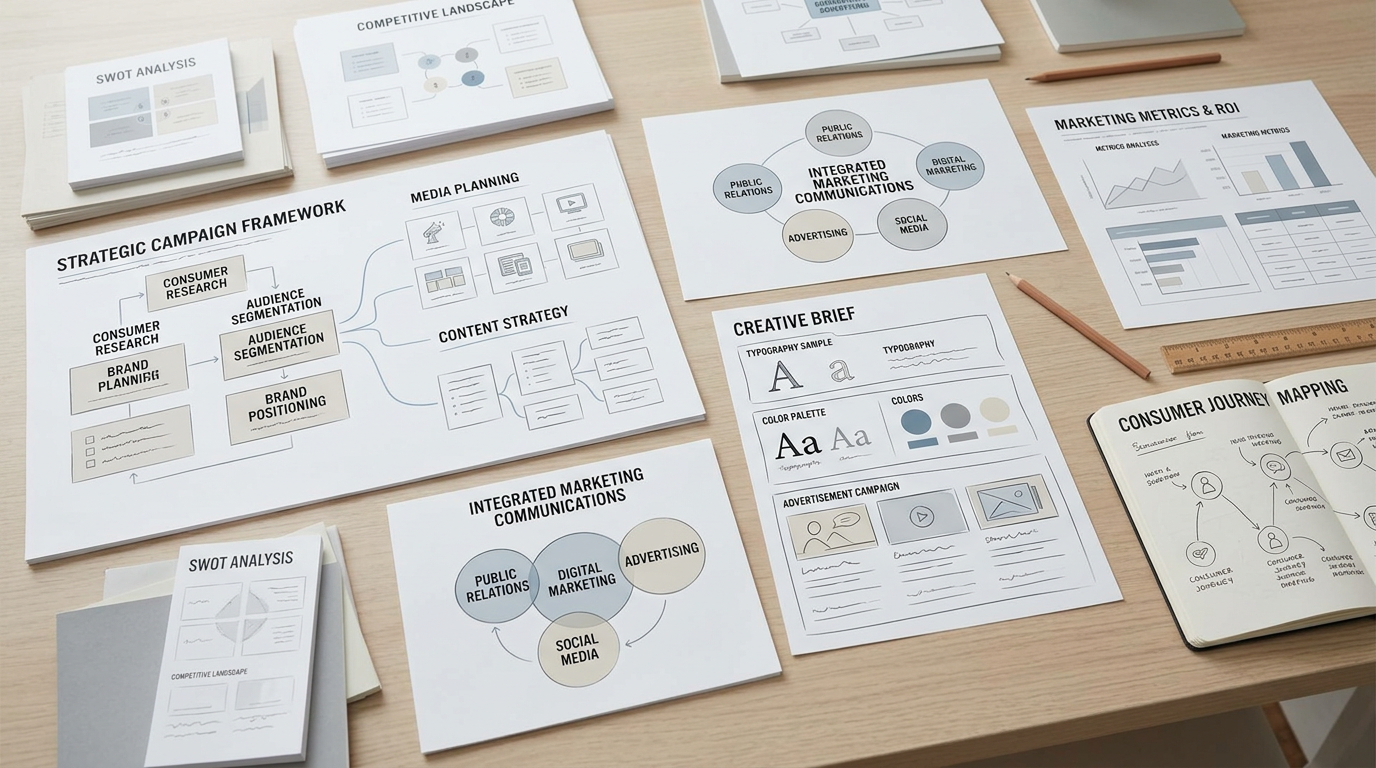 Marketing strategy documents covering campaign planning, branding, media, and customer journeys