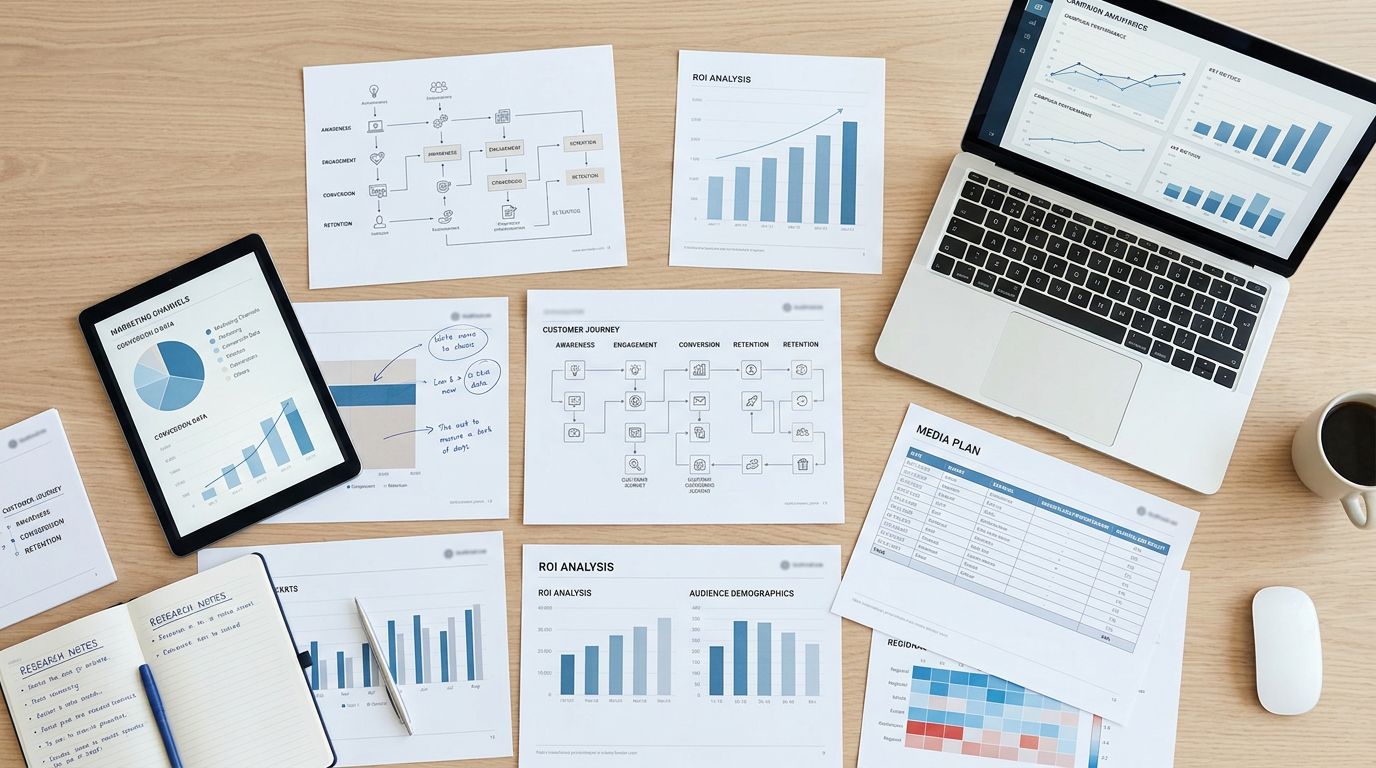 Marketing analytics charts, customer journey maps, and planning documents on a desk