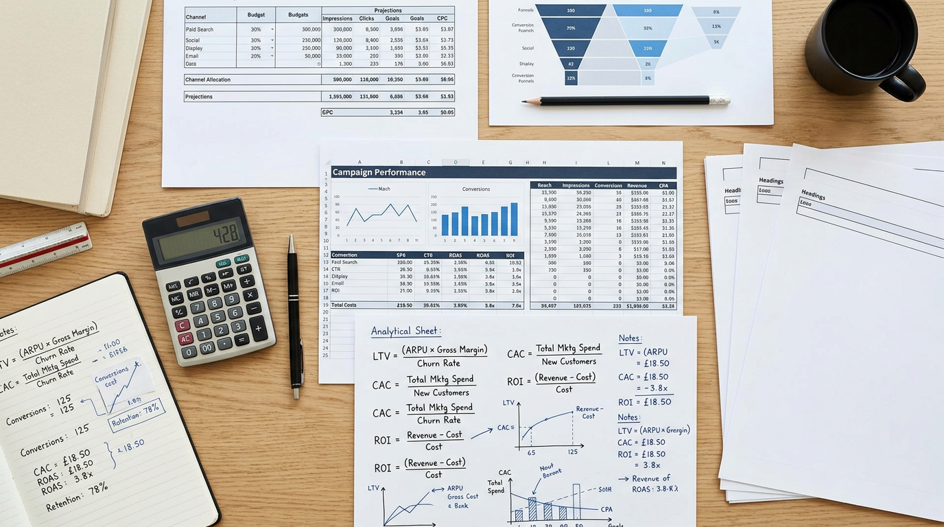 Marketing analytics reports, charts, calculator, and handwritten ROI formulas on a desk