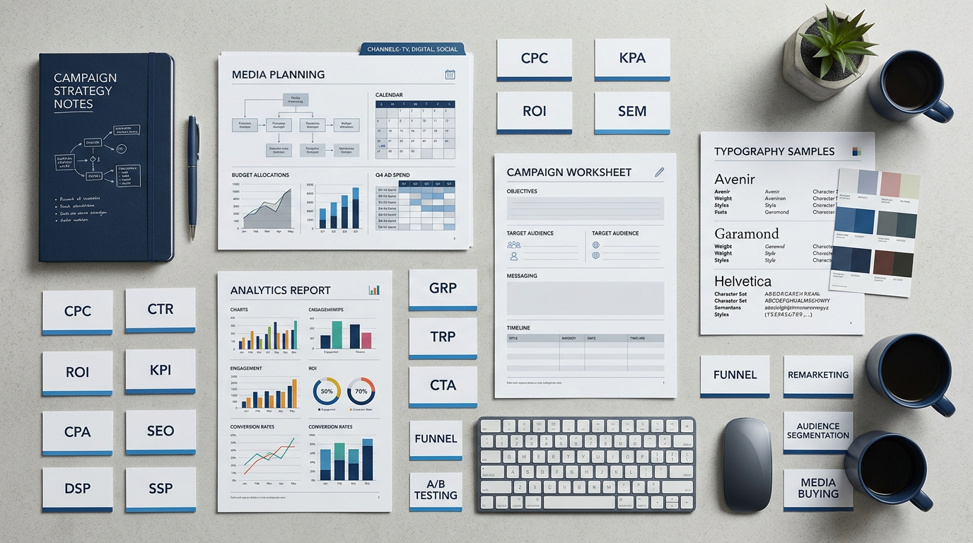 Marketing planning desk with reports, charts, strategy notes, and campaign terminology