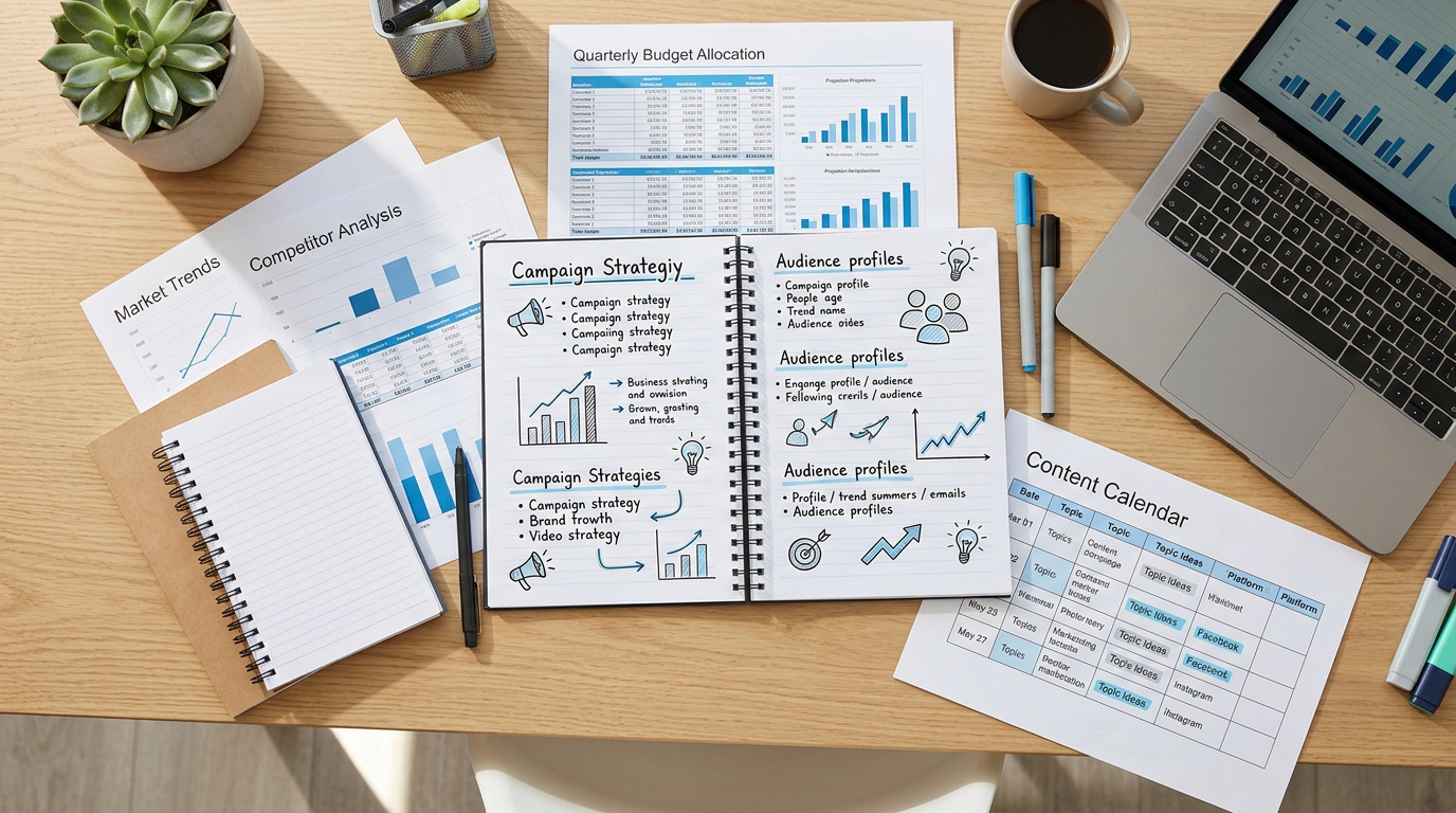 Marketing planning workspace with campaign notes, charts, laptop, and content calendar