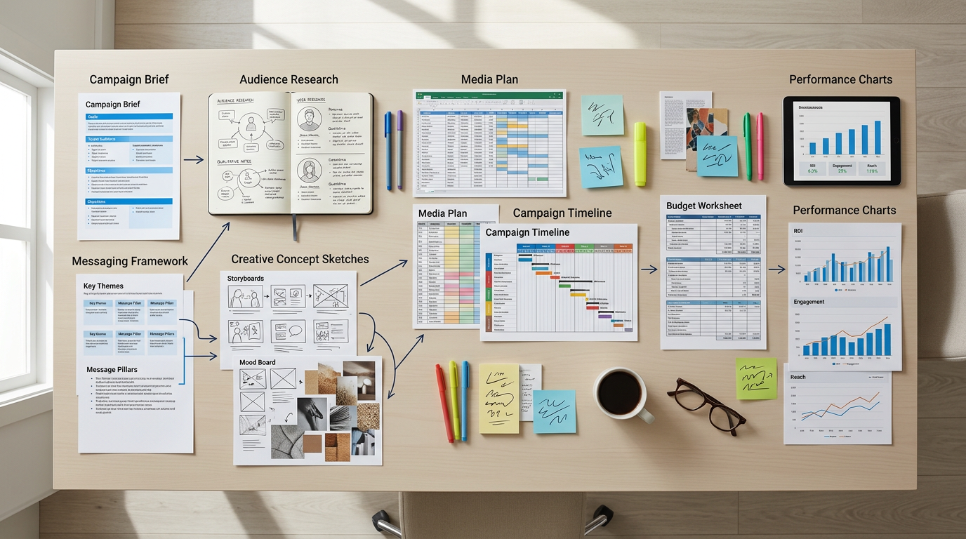 Marketing campaign planning board with research, creative, media, budget, and performance documents