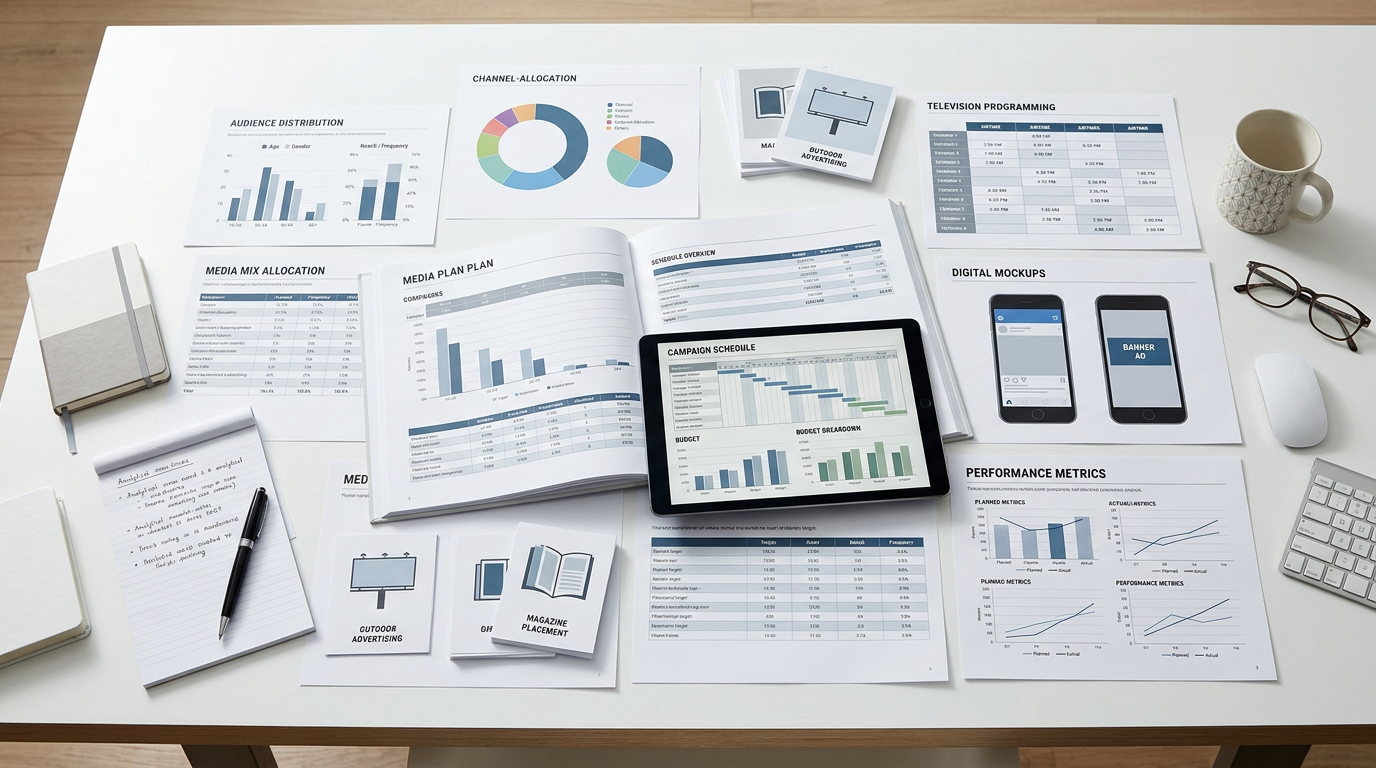 Advertising media planning documents, charts, tablet dashboard, and marketing mockups on a desk