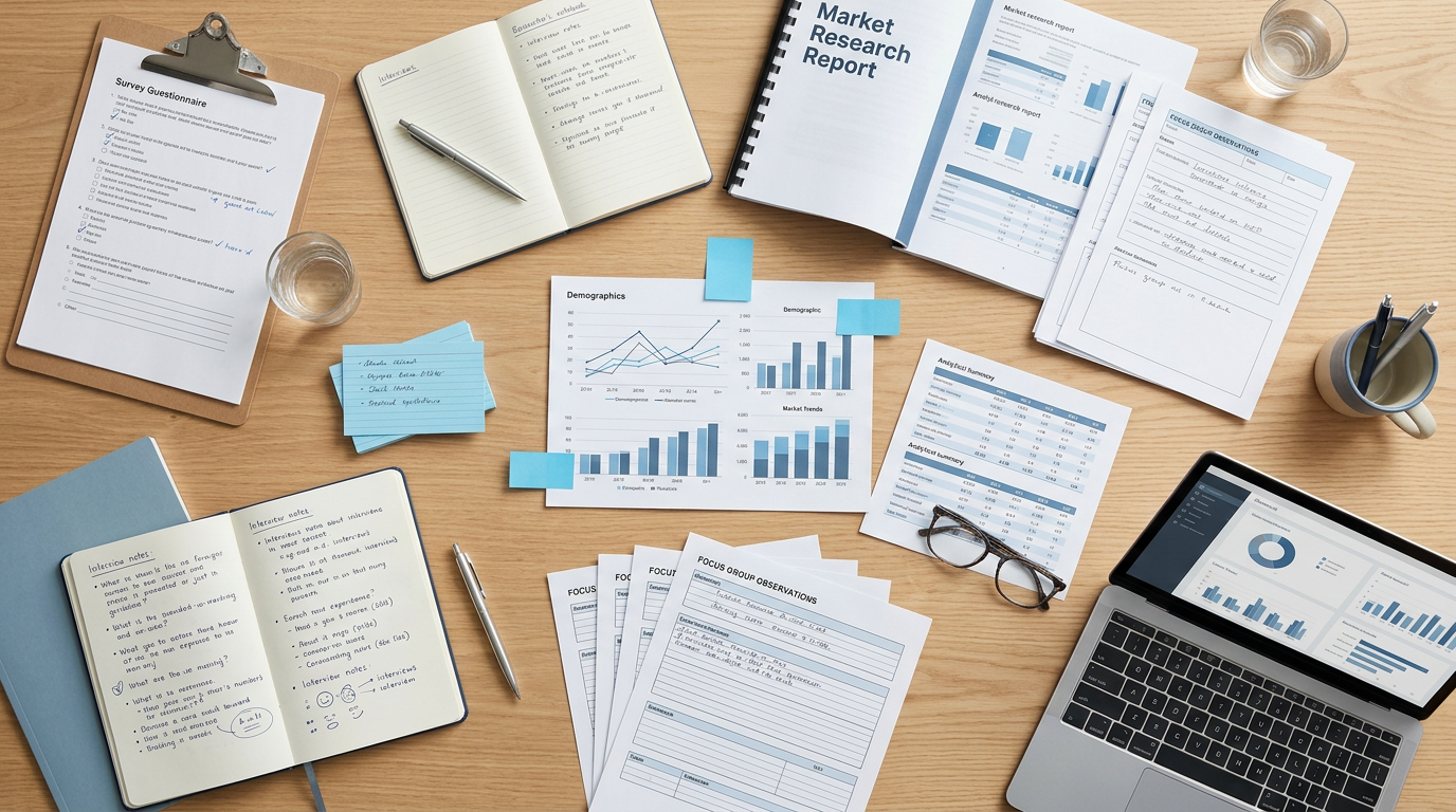 Market research documents, charts, notebooks, and laptop arranged on a wooden desk