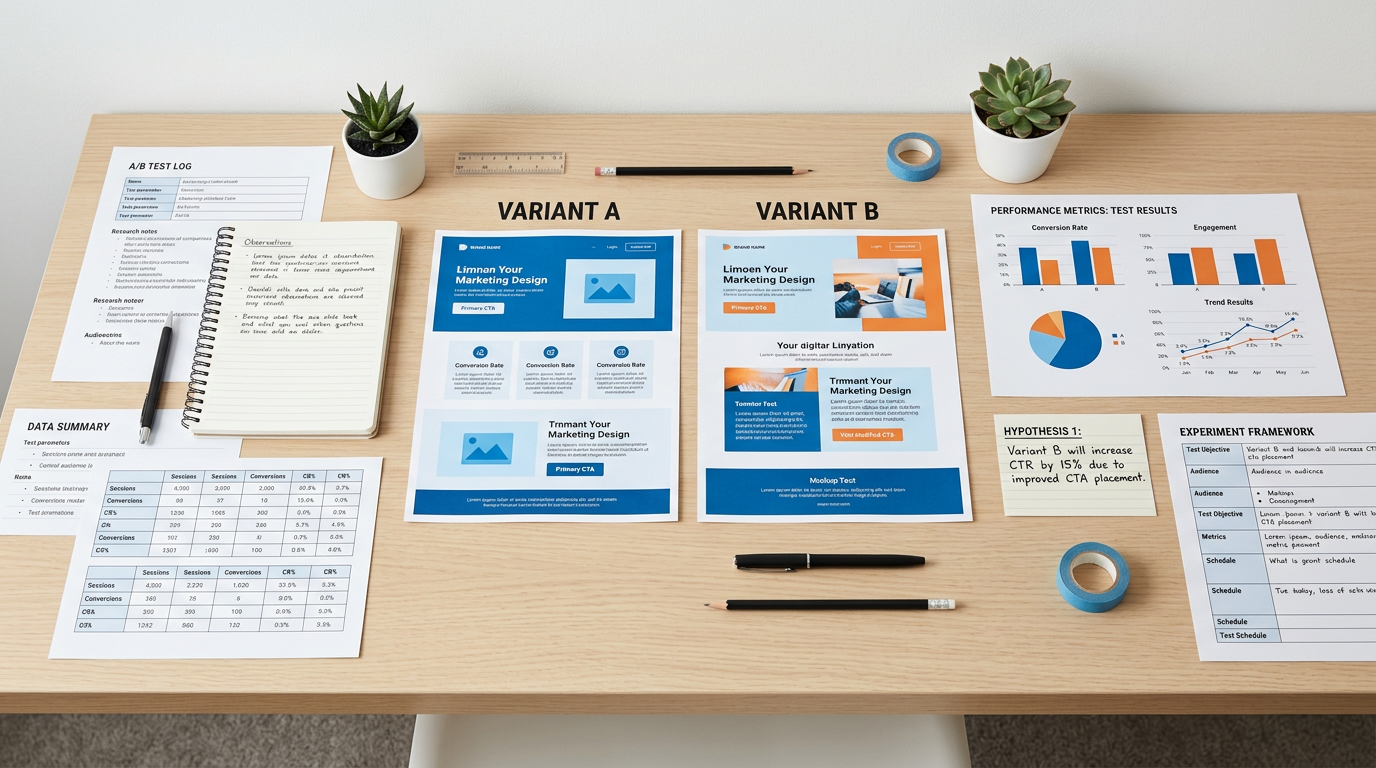 A/B test workspace comparing Variant A and Variant B marketing designs