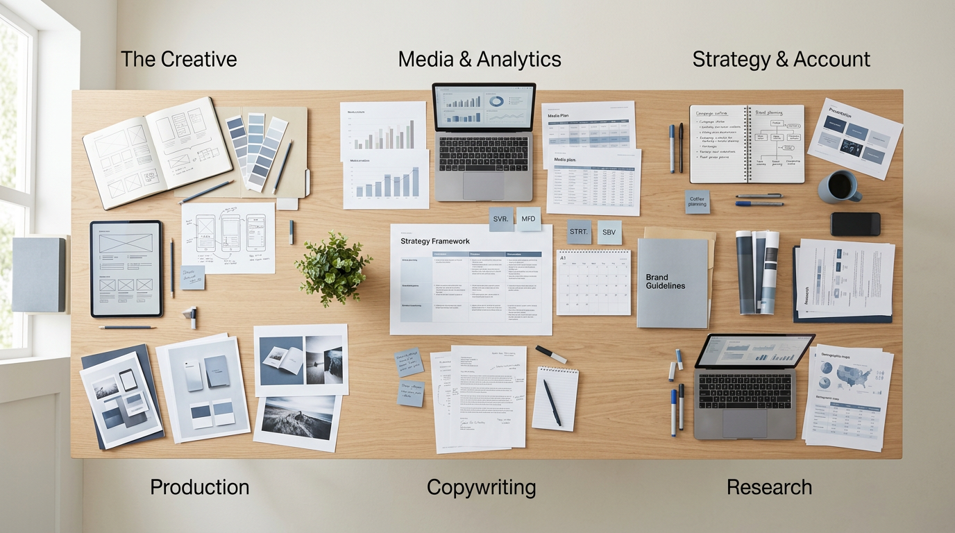 Workspace board labeled The Creative, Media & Analytics, Strategy & Account, Production, Copywriting, and Research