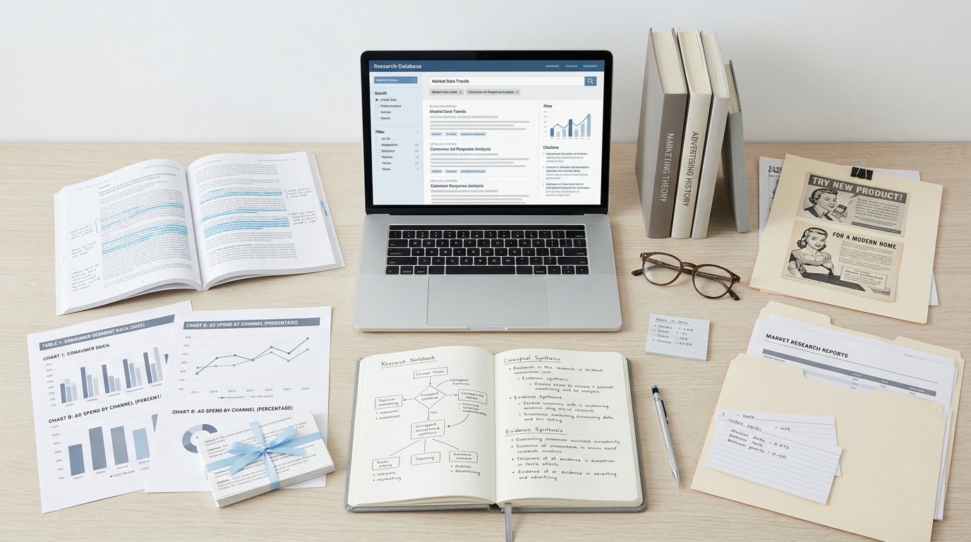 Desk with laptop research database, charts, books, notebook, and glasses