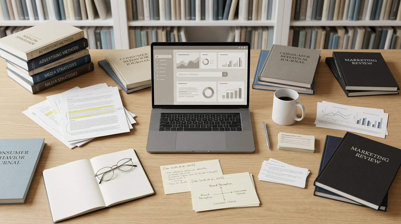 Academic research workspace with journals, notes, books, charts, and laptop