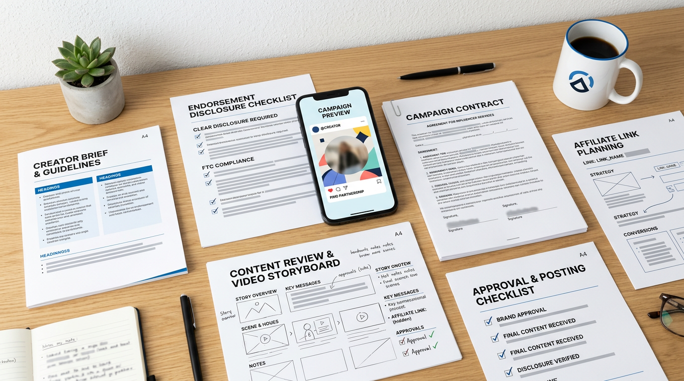 Marketing workspace with campaign contracts, disclosure checklists, storyboard, and approval documents
