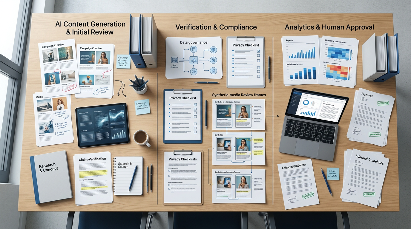 AI content workflow board labeled review, compliance, analytics, and approval