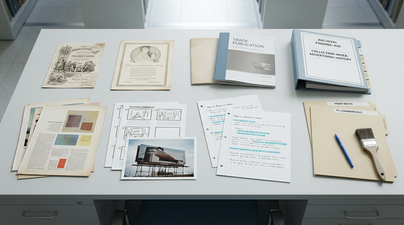 Archival advertising materials labeled Trade Card, Trade Publication, and Collection Index: Advertising History