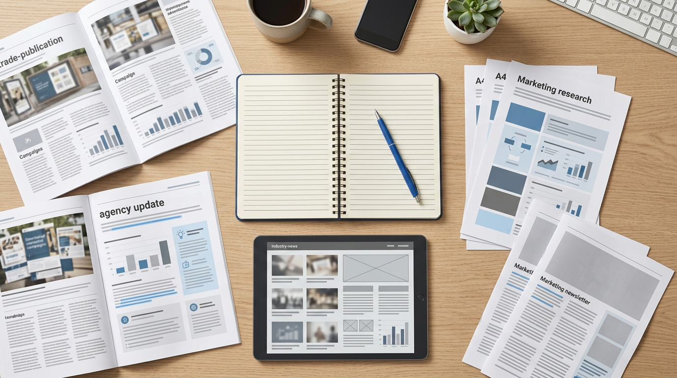 Marketing reports, notebook, pen, tablet, phone, coffee, and plant on desk
