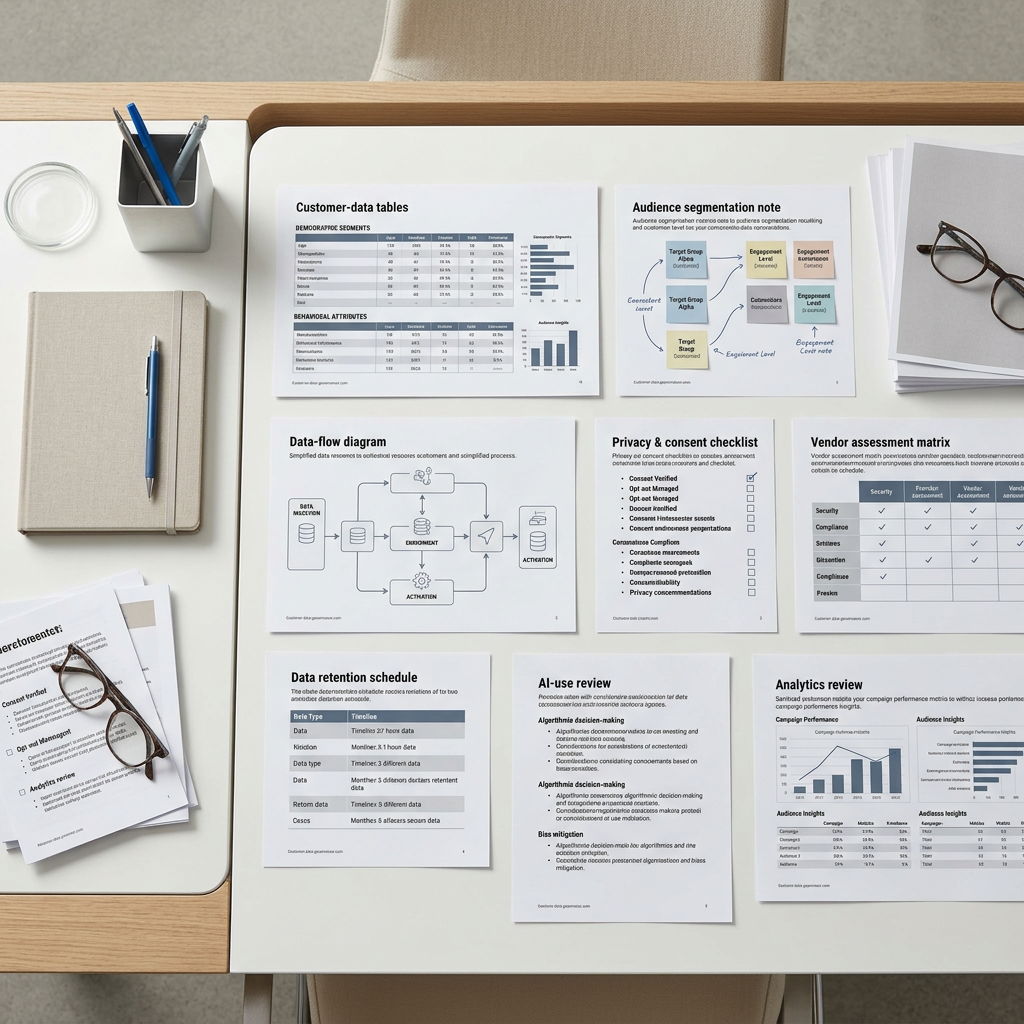 Printed worksheets outlining customer data governance and analytics processes