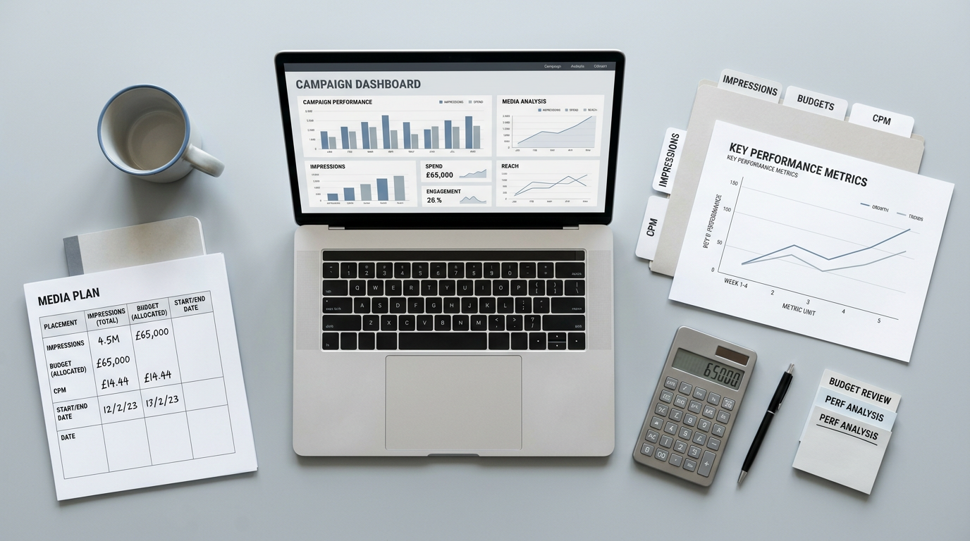 Advertising media analysis workspace with budget charts