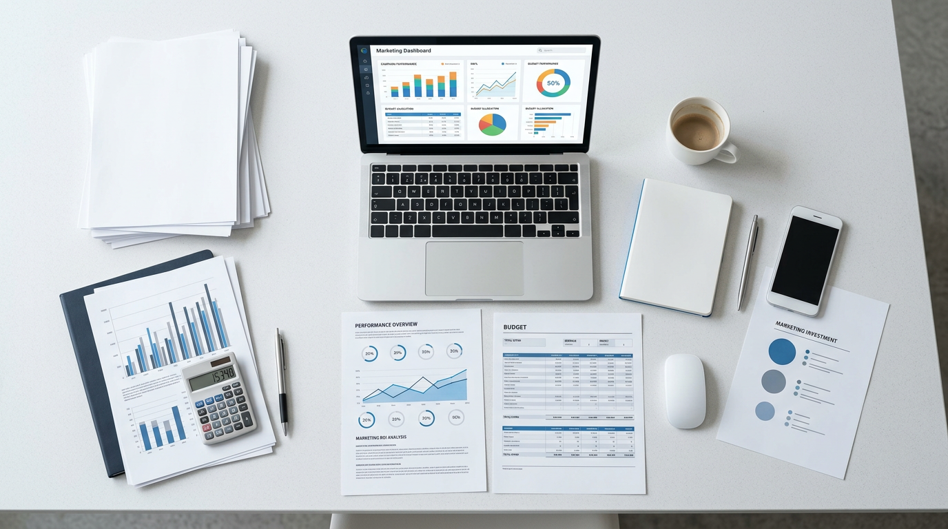 Marketing dashboard laptop surrounded by charts, reports, calculator, notebook, phone, and coffee