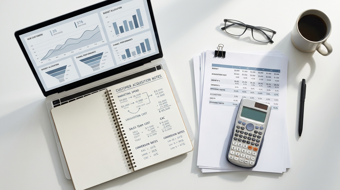Laptop with marketing charts, acquisition notes, financial tables, calculator, glasses, and coffee