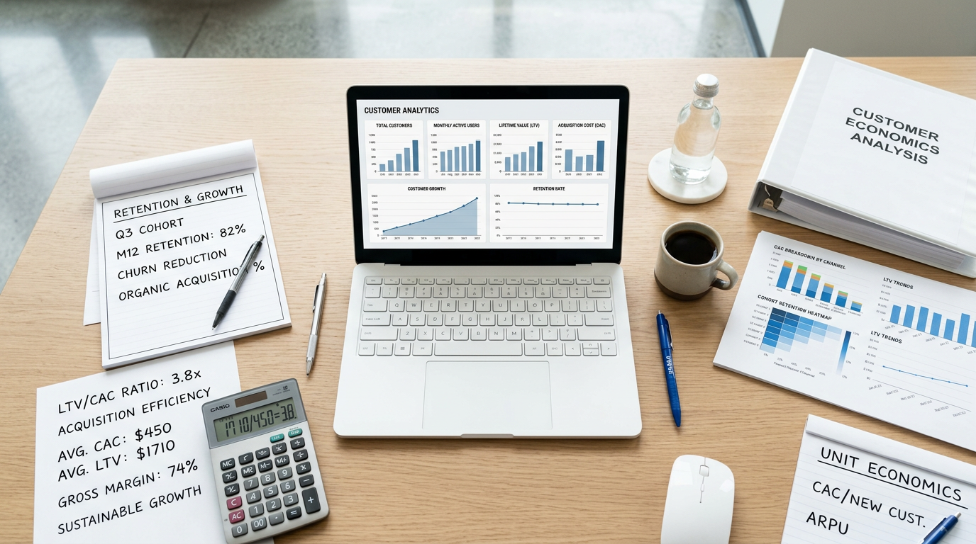 Laptop dashboard labeled Customer Analytics beside retention, economics, and cohort reports