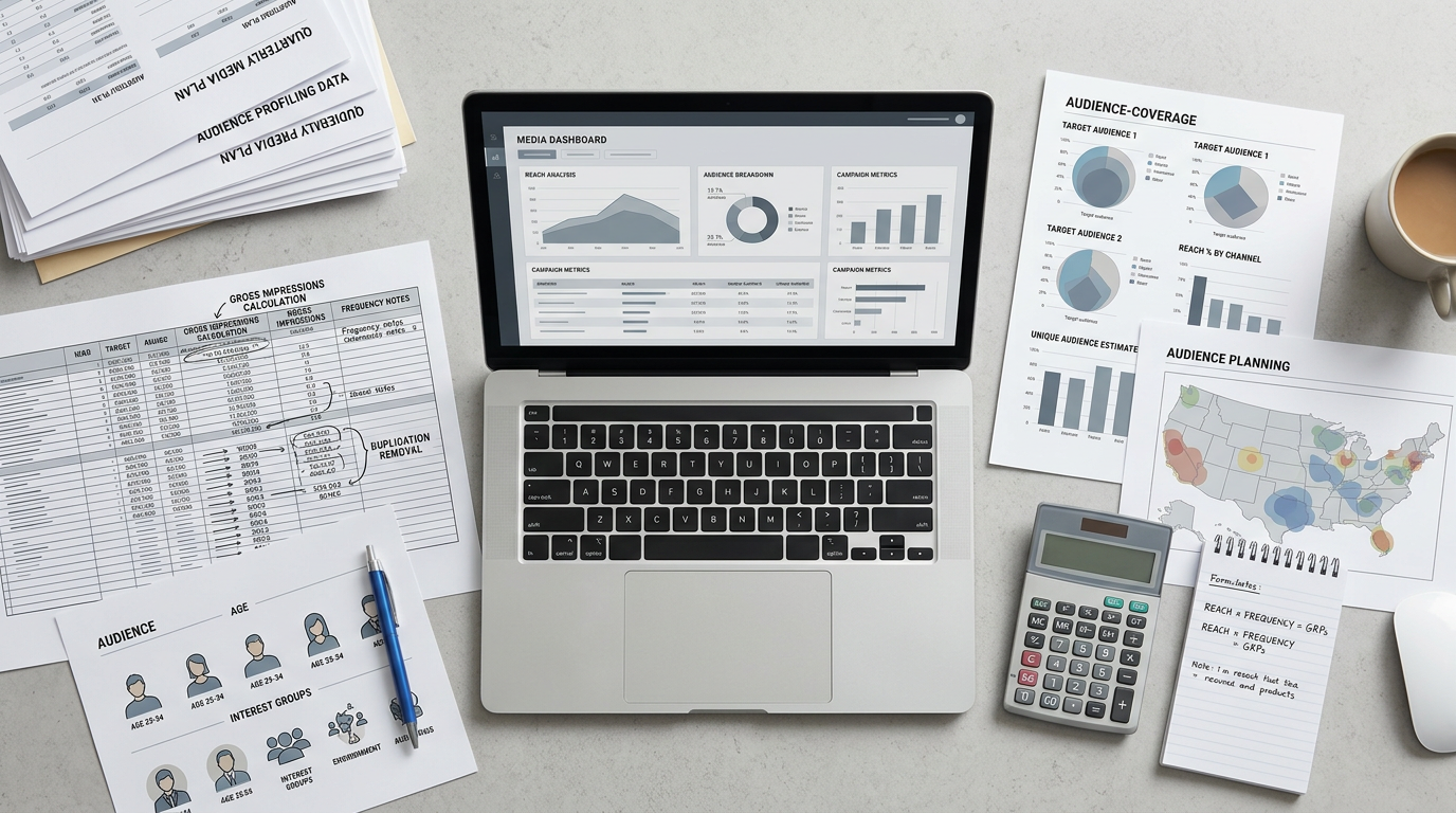 Laptop displaying media dashboard beside audience reports, charts, calculator, and coffee
