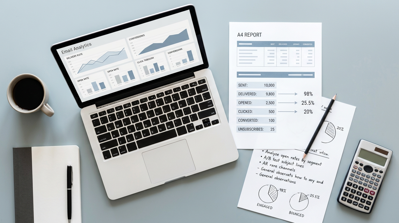Laptop showing Email Analytics dashboard beside A4 report with sent, delivered, opened, clicked, and converted metrics.