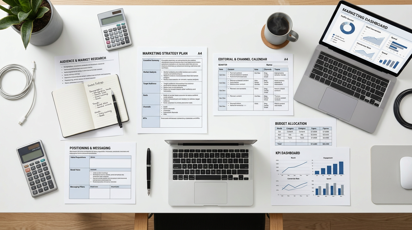 Marketing planning documents, laptops, calculators, notebook, and coffee on a desk