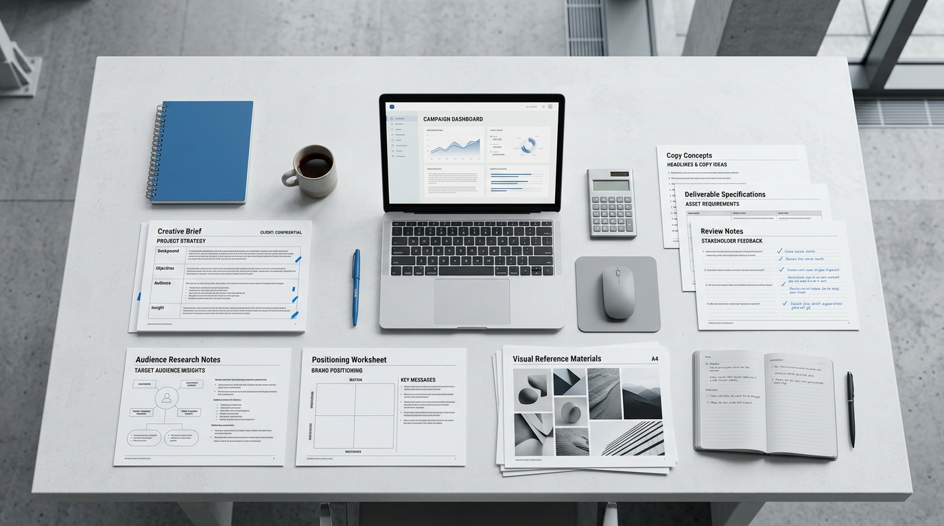 Marketing campaign workspace with laptop dashboard, planning documents, notebook, calculator, and coffee