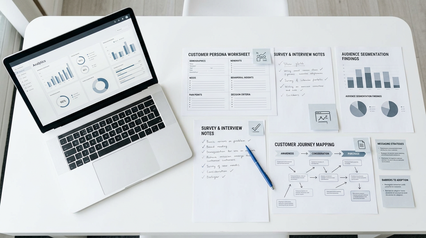 Laptop displaying analytics beside customer research worksheets and journey map