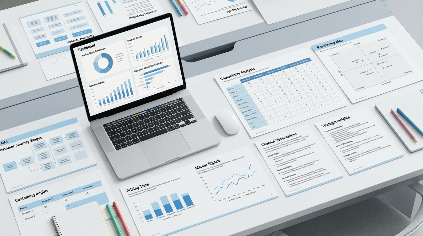Laptop displaying business dashboards surrounded by strategy charts and reports