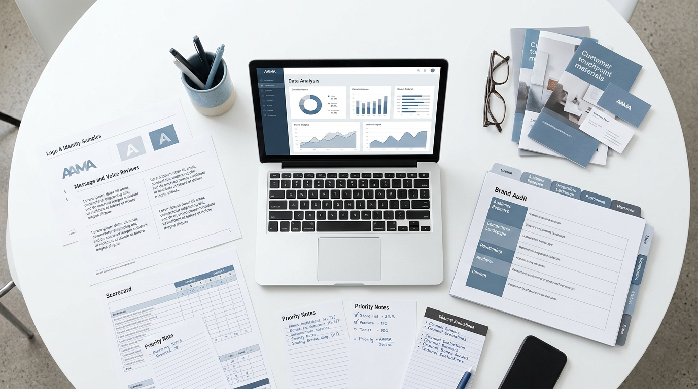 Laptop displaying data analytics surrounded by brand strategy documents and notes