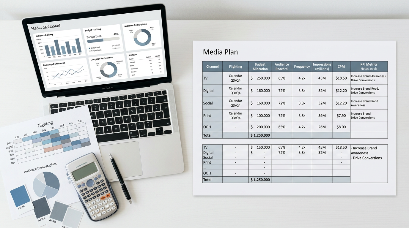 Laptop dashboard and printed media plan showing campaign budgets and analytics