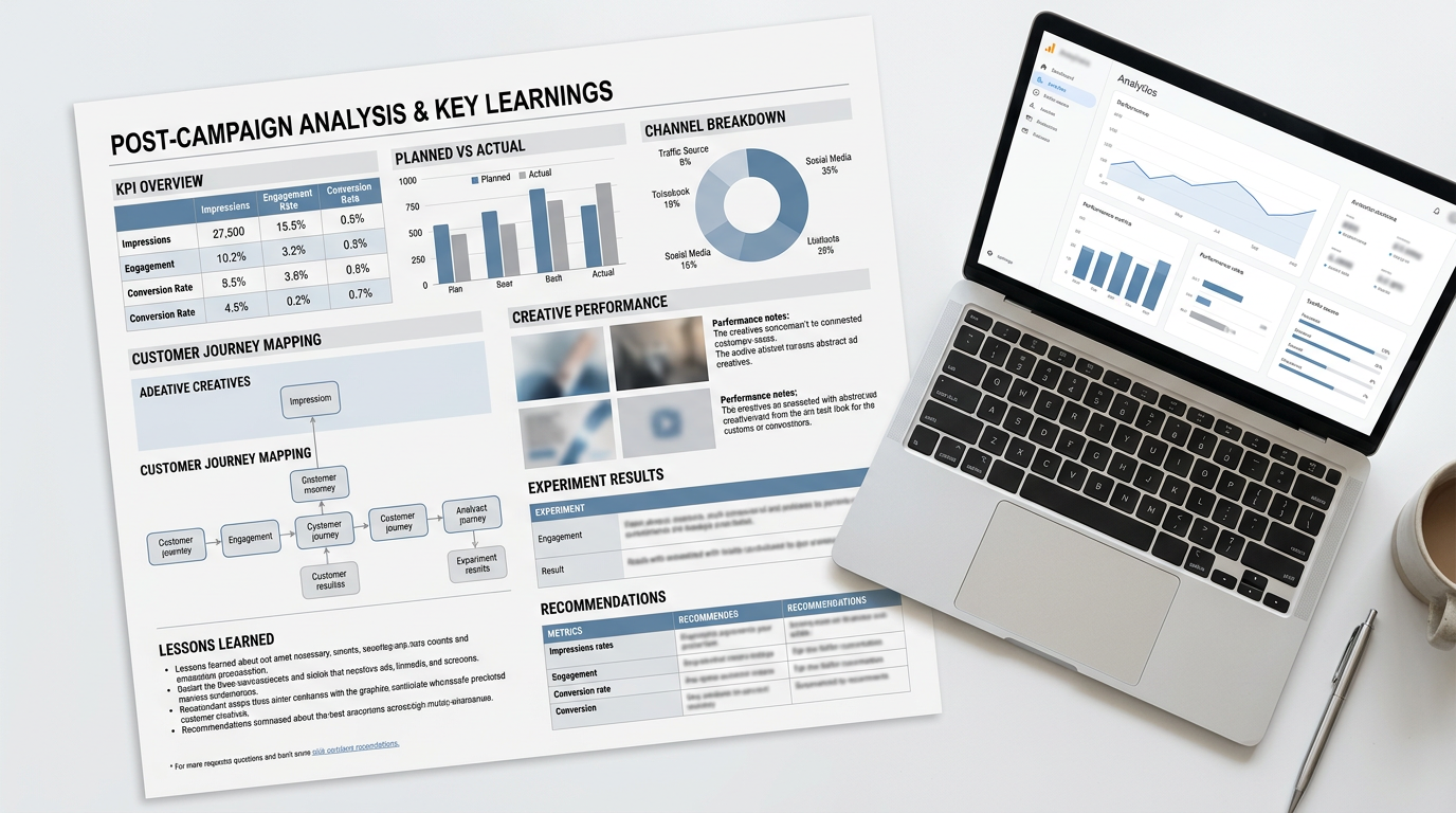 Post-campaign analysis report beside laptop displaying marketing analytics dashboard