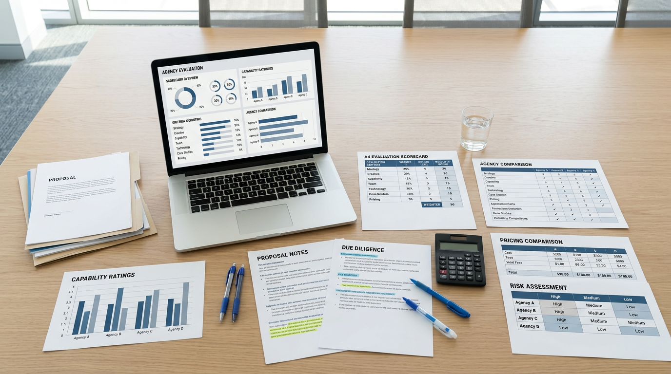Laptop displaying agency evaluation dashboards beside printed scorecards and proposal documents