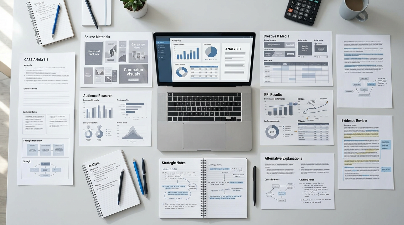Laptop surrounded by business analysis charts, notes, and strategy documents