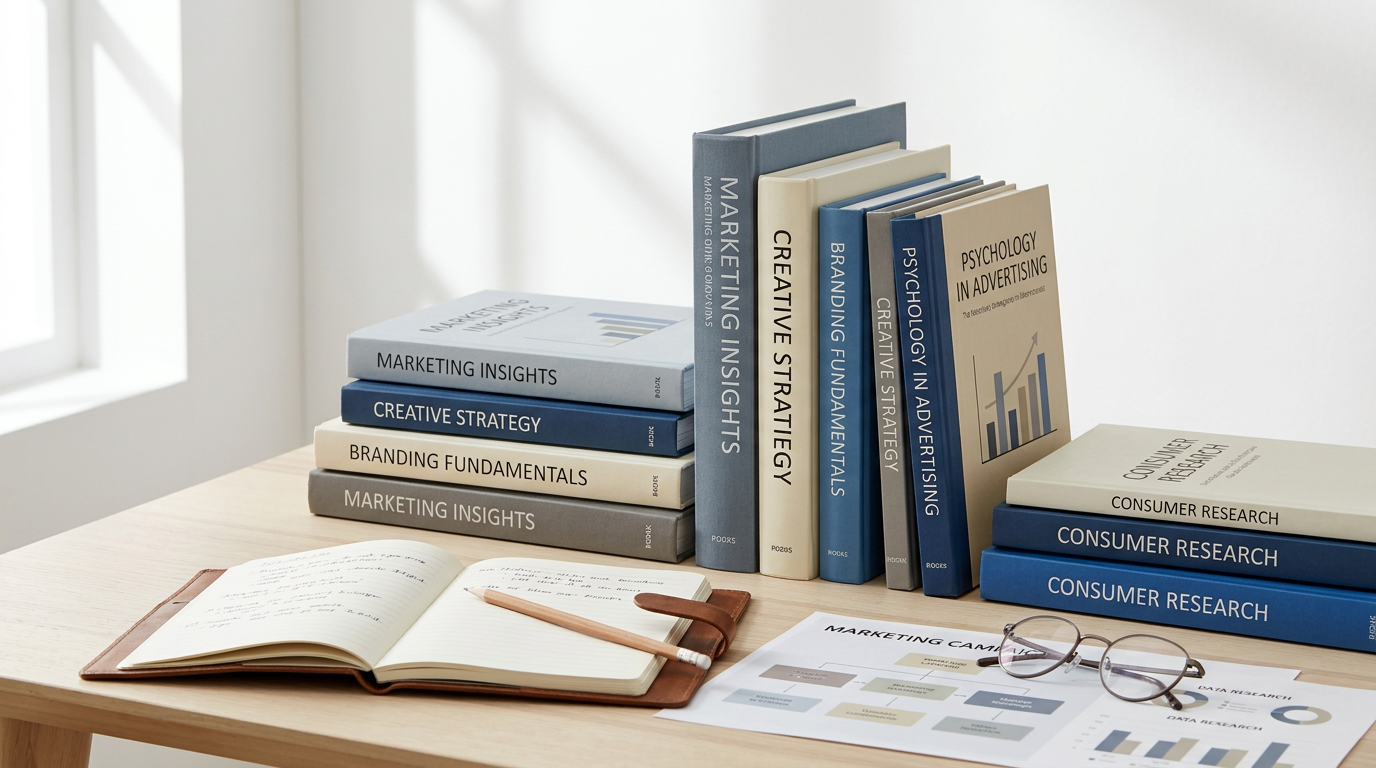 Marketing books, open notebook, campaign chart, pencil, and glasses on desk