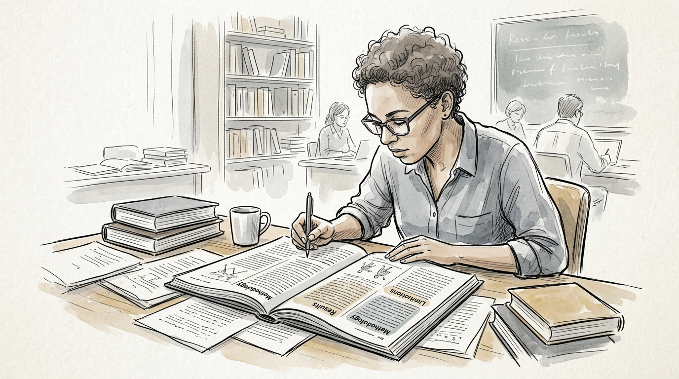 Student writing notes among open textbooks and library shelves