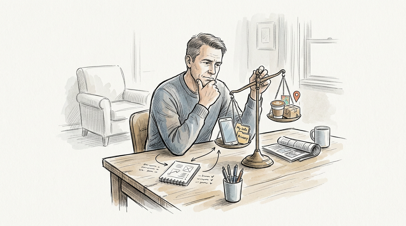 Man considering privacy as scales balance smartphone data against coffee and location