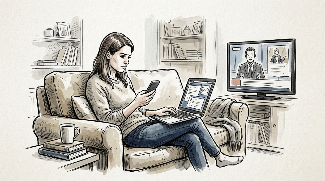 Woman using a phone and laptop while watching news on television