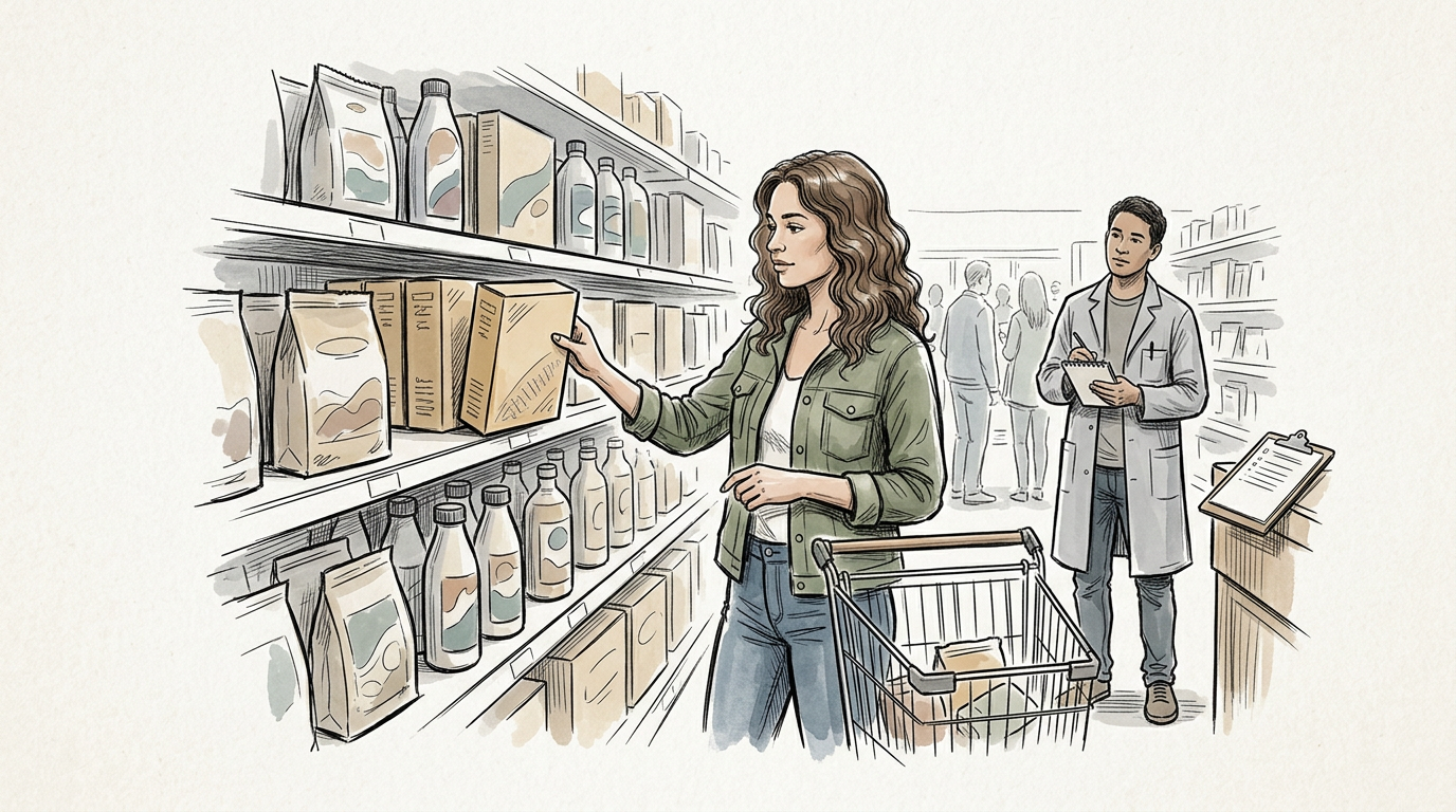 Shopper choosing packaged food while a dietitian takes notes nearby