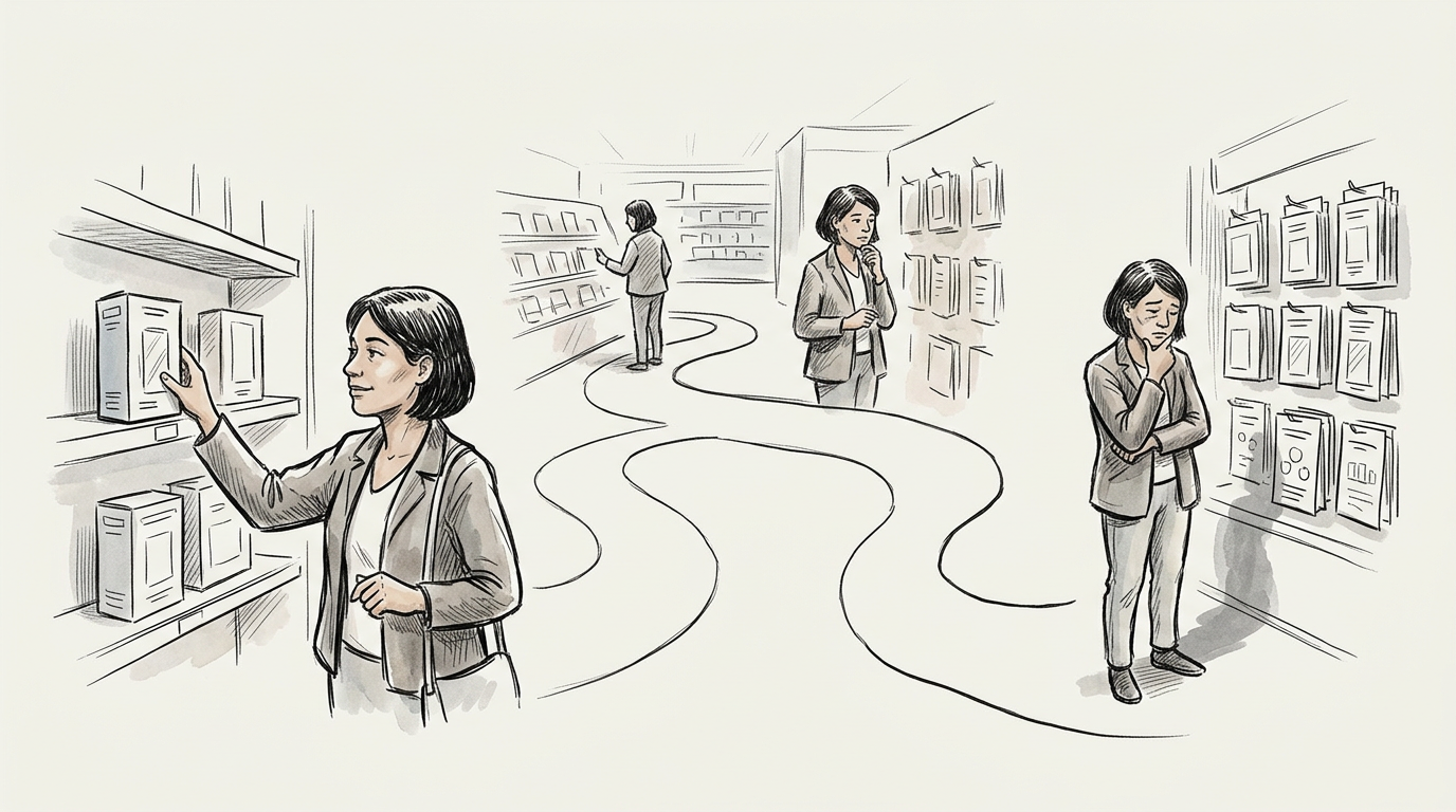 Three women browse shelves of books or products while considering their choices.